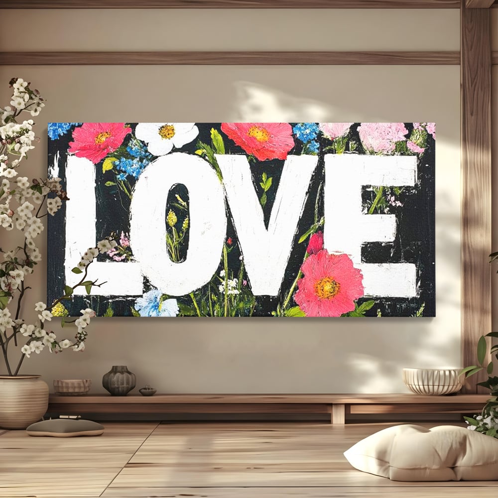 Tablou canvas cu tablou canvas cu flori si cuvantul love, fara rama, pe sasiu de lemn